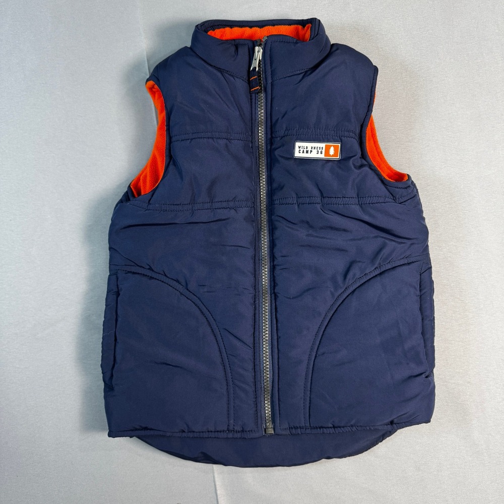 Carter's Boys Navy Blue Orange Fleece Lined Puffer Vest Wilderness Camp 36 Sz 5